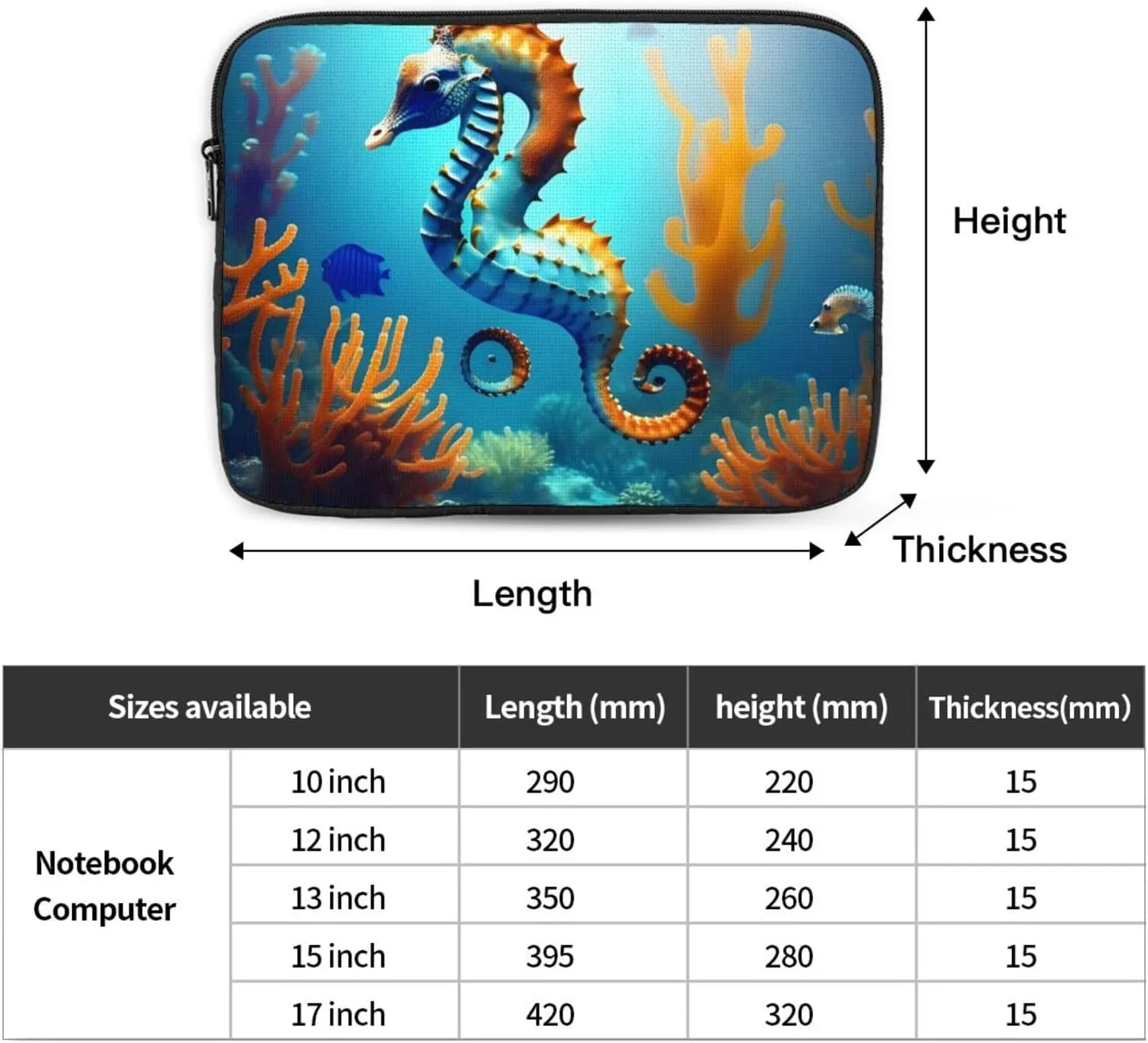Shockproof Portable Laptop Sleeve Bag 17 inch - for Men and Women Business Travel, School, and Office Use Seabed Coral Seahorse Picture