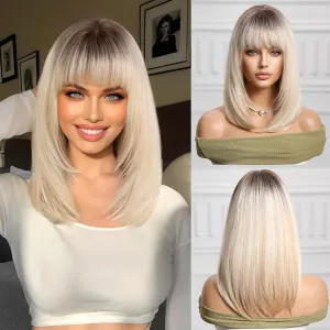 Short Blonde Bob Wig with Bangs Ombre Blonde Wigs for White Women 14 Inches Synthetic Wigs Layered with Dark Roots Straight Wig Highlight Hair Replacement for Cosplay Daily Party Use