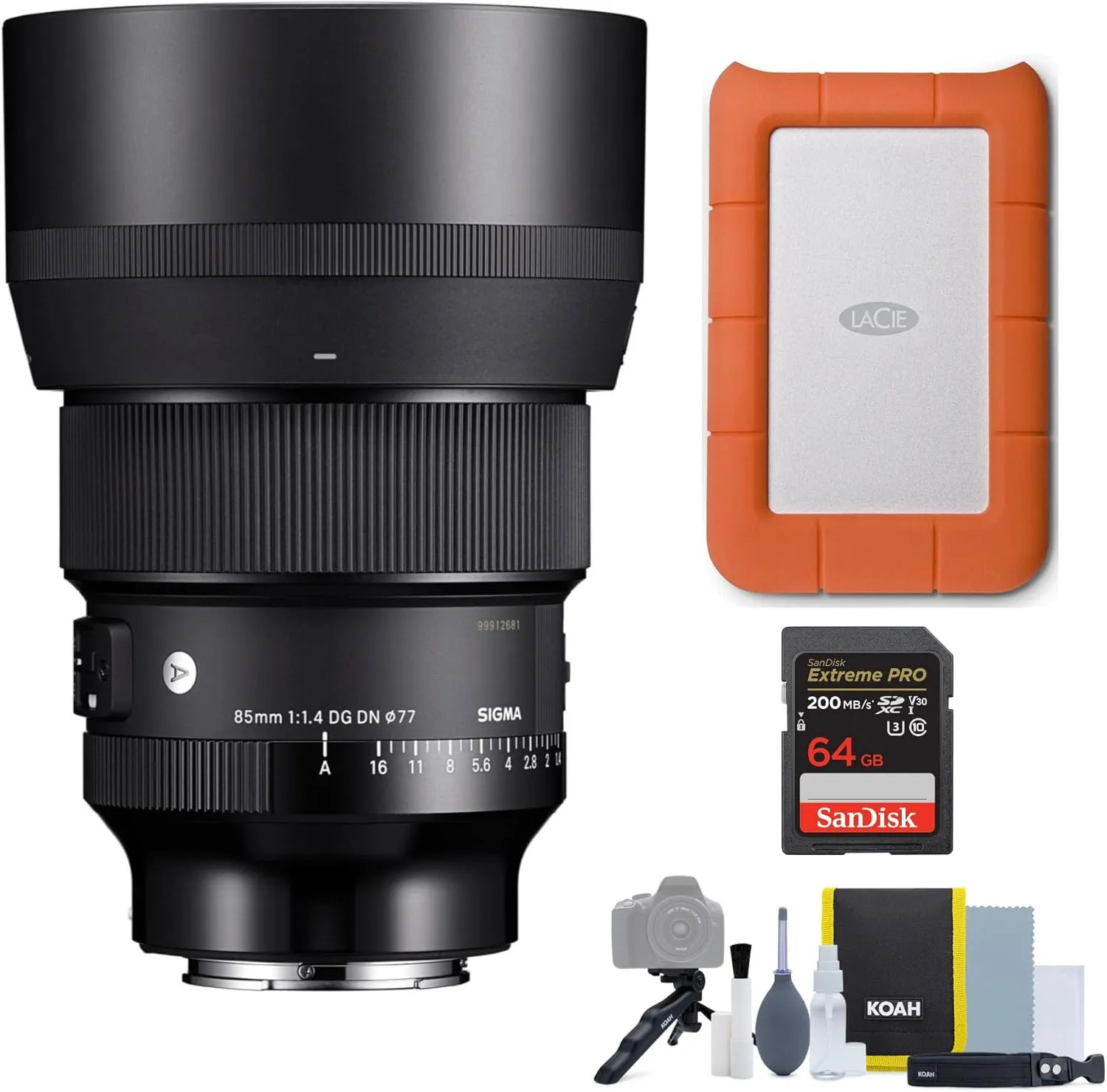 Sigma 85mm f/1.4 DG DN Art Lens for Sony E Bundle with Rugged Mini 1TB Hard Drive and 64GB SD Card (4 Items)