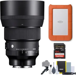 Sigma 85mm f/1.4 DG DN Art Lens for Sony E Bundle with Rugged Mini 1TB Hard Drive and 64GB SD Card (4 Items)