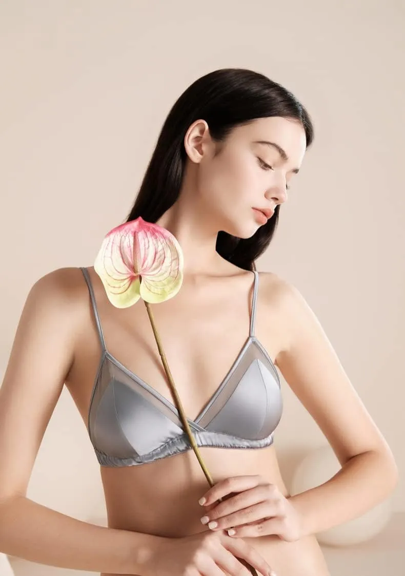 SilRiver Women's Satin Triangle Bralette Tops Silk Wirefree Bra mesh Cami Bra with Removable Pads