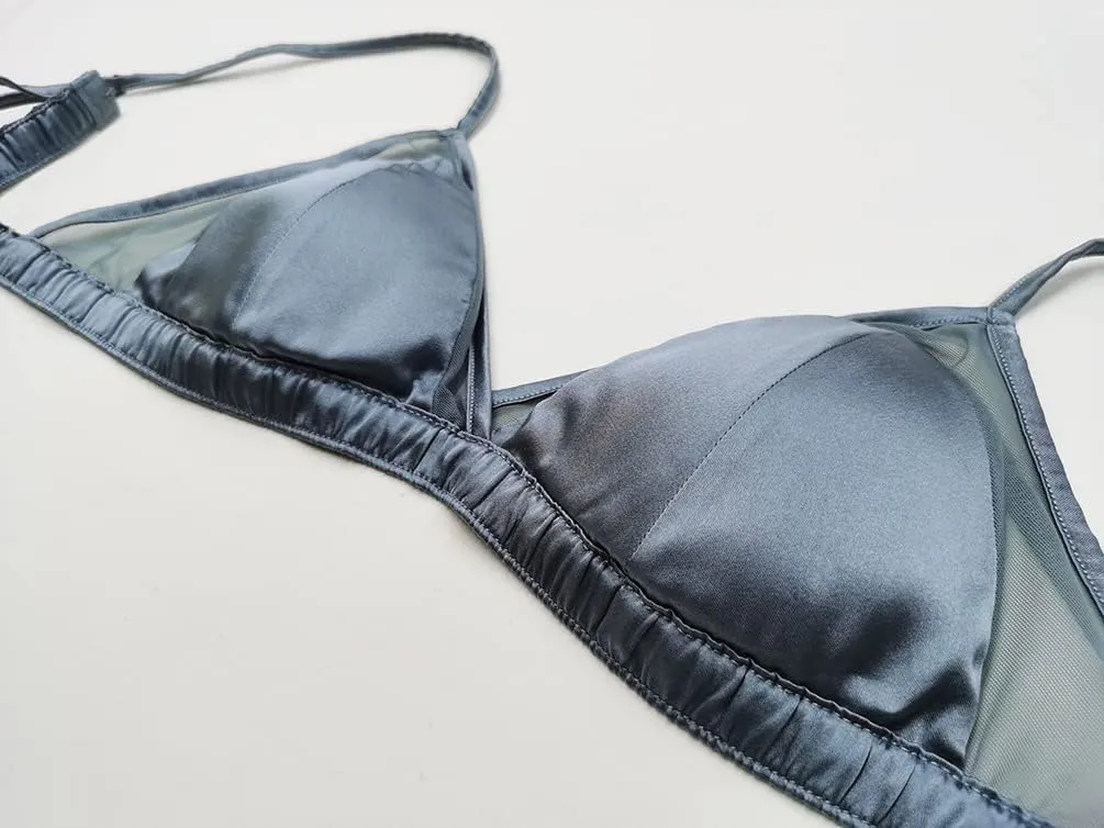 SilRiver Women's Satin Triangle Bralette Tops Silk Wirefree Bra mesh Cami Bra with Removable Pads