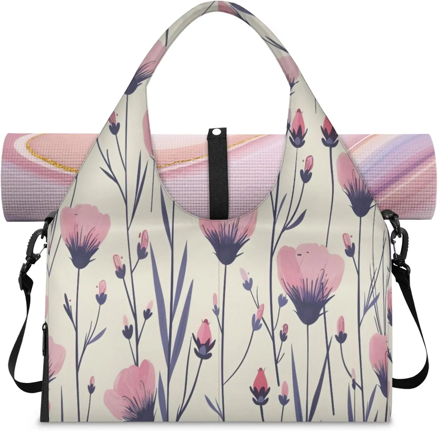 Simple Pink Flowers Women's Yoga Gym Bag - Adjustable shoulder strap with shoe compartment, large gym bag with multiple pockets for yoga mat, gym equipment and travel accessories