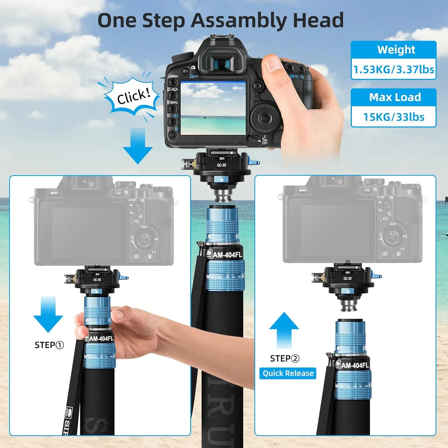 SIRUI 75.8" Monopod with Feet, Professional Aluminum Travel Monopod for Cameras with Quick Release Plate, Max Load 33lbs, Compatible with Sony Canon Nikon DSLR Camera, AM-404FL QC-55