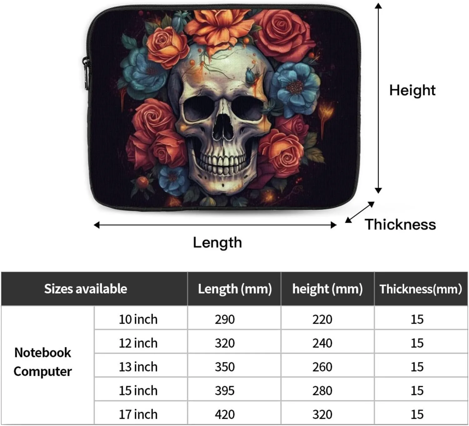 Skull Surrounded by Flowers Laptop Sleeve Bag 12 Inch Waterproof Shockproof Laptop Case Bag Lightweight Tablet Travel Cover Computer Skin Bag Tablet Carrying Case