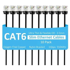 Slim CAT6 Ethernet Cable 6 FT (10-Pack), Snagless Cat 6 Patch Cable, Nylon Braided, 1Gbps, Internet Network Cables, Ultra Slim Cat6 Cables, UTP, Black Cables -10 Pack