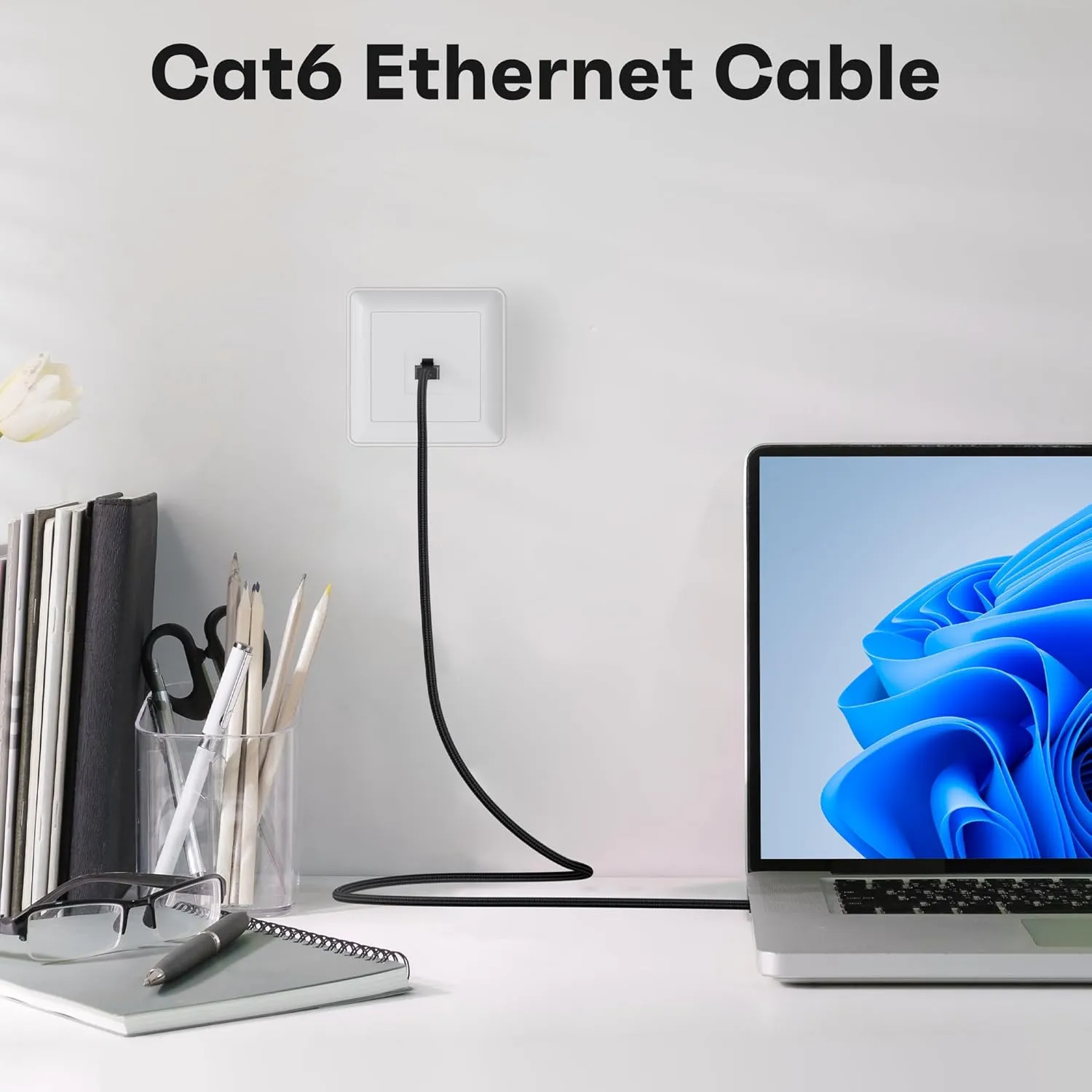 Slim CAT6 Ethernet Cable 6 FT (10-Pack), Snagless Cat 6 Patch Cable, Nylon Braided, 1Gbps, Internet Network Cables, Ultra Slim Cat6 Cables, UTP, Black Cables -10 Pack