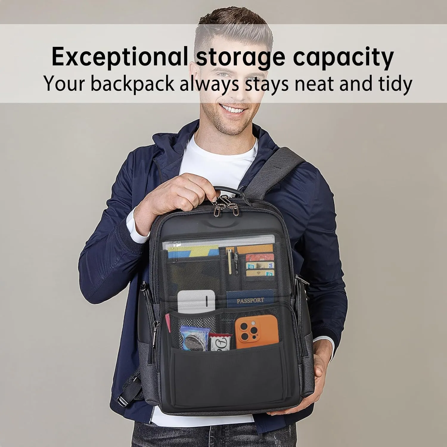 Slim Rugged Backpack Organizer Insert for Travel Work Men Women -13 Pockets,Padded Nylon, Handle - Black