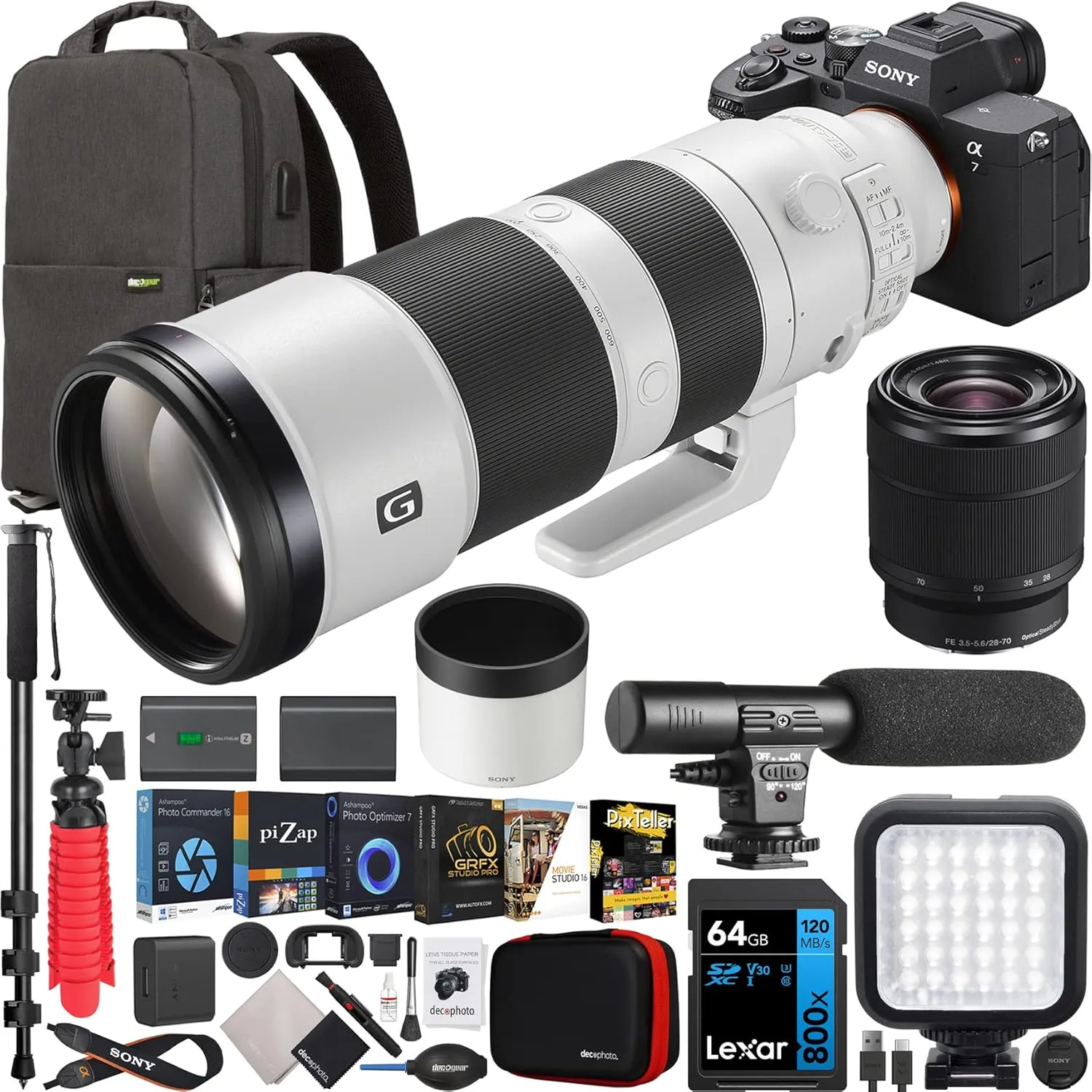Sony a7 IV Full Frame Mirrorless Camera Body with 2 Lens Kit FE 200-600mm F5.6-6.3 G OSS   28-70mm ILCE-7M4K/B   SEL200600G Bundle w/Deco Gear Backpack   Monopod   Extra Battery, LED and Accessories