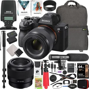 Sony a7R IV Mirrorless Full Frame Camera Body   50mm F1.8 FE Fast E-Mount Lens SEL50F18F ILCE-7RM4A/B Bundle with Meike MK320 TTL Flash Speedlite   Deco Gear Backpack   Microphone and Accessories Kit
