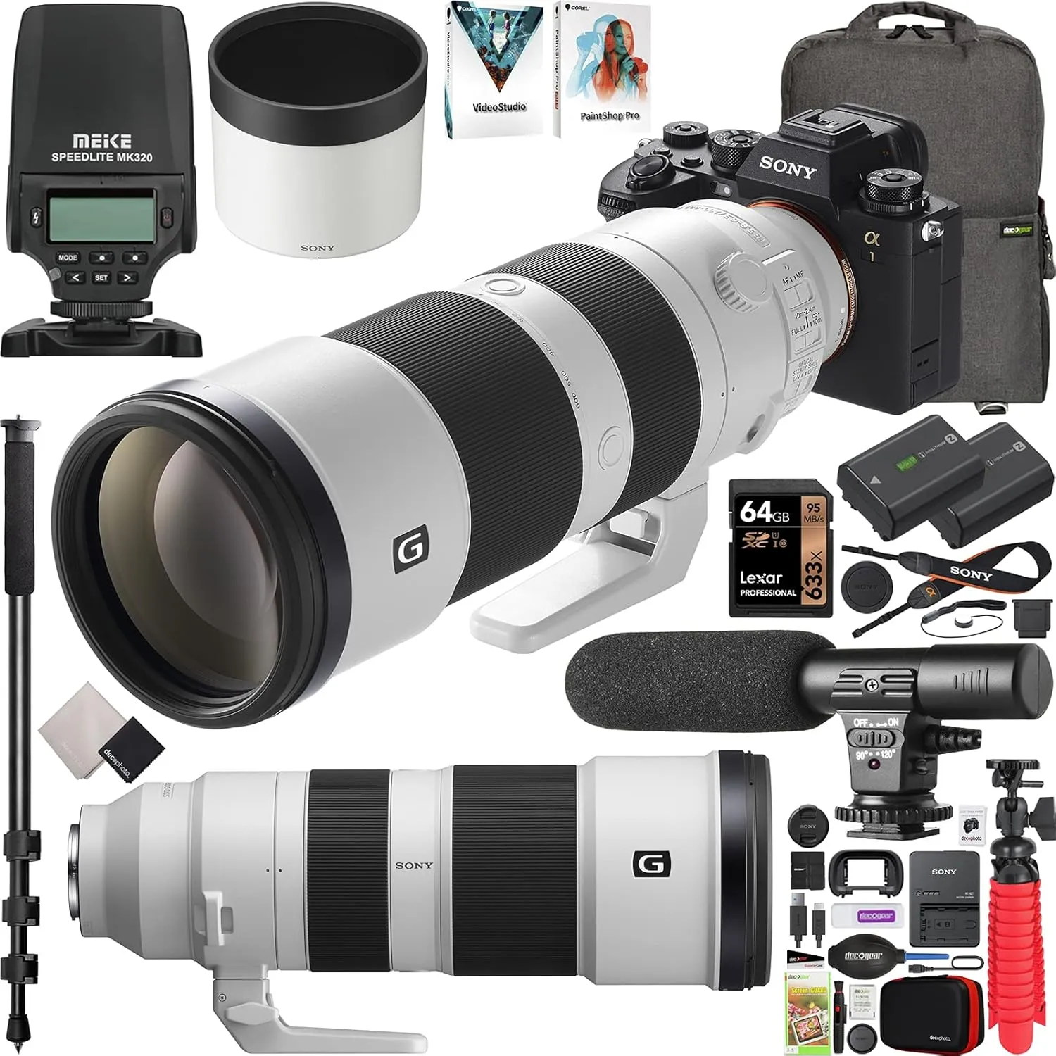 Sony Alpha 1 Full Frame Mirrorless Camera Body   200-600mm F5.6-6.3 G OSS Lens SEL200600G ILCE-1/B Bundle with Meike MK320 TTL Flash Speedlite   Deco Gear Backpack   Microphone and Accessories Kit