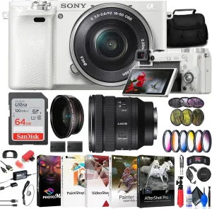 Sony Alpha a6000 Mirrorless Digital Camera with 16-50mm Lens (White) (ILCE6000L/W)   Sony FE PZ 16-35mm Lens   Filter Kit   Wide Angle Lens   Bag   64GB Card   More (Renewed)