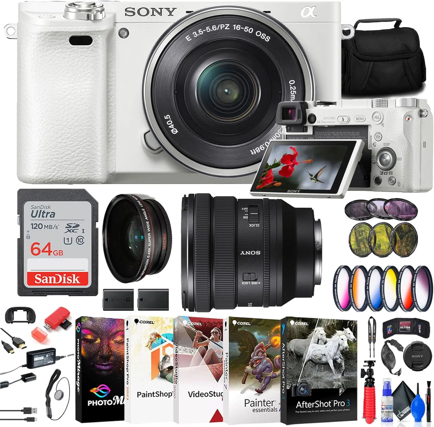 Sony Alpha a6000 Mirrorless Digital Camera with 16-50mm Lens (White) (ILCE6000L/W)   Sony FE PZ 16-35mm Lens   Filter Kit   Wide Angle Lens   Bag   64GB Card   More (Renewed)