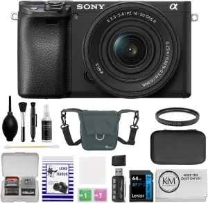 Sony Alpha a6400 Mirrorless Digital Camera with 16-50mm f/3.5-5.6 OSS II Lens Bundle with UV Filter   64GB Card   Card Case   Card Reader   Camera Bag   Cleaning Kit   Cleaning Cloth (8 Items)
