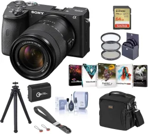 Sony Alpha a6600 Mirrorless Camera with 18-135mm Lens - Bundle with Shoulder Bag, 64GB SD Card, Extra Battery, Corel PC Software Kit, Tripod, 55mm Filter Kit, Cleaning Kit, Wrist Strap