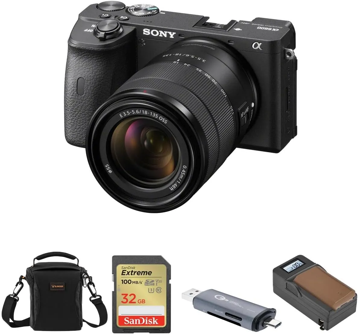 Sony Alpha a6600 Mirrorless Interchangeable Lens Digital Camera with 18-135mm Lens - Bundle with Shoulder Bag, 32GB SD Card, Card Reader, Extra Battery, Charger