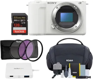 Sony Alpha ZV-E10 II Content Creators Camera with APS-C Mirrorless Lens and Lens Kit (White) Bundle with Gadget Bag, 128GB Memory Card, USB-C Hub (White) and Focus Camera Lens Filter Kit (5 Items)
