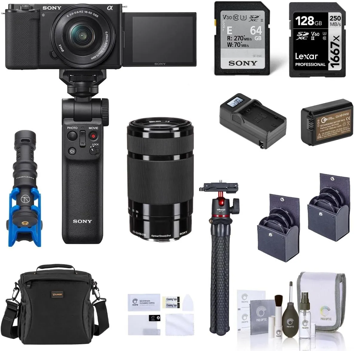 Sony ZV-E10 Mirrorless Vlog Camera with 16-50mm Lens, Black - Bundle with E 55-210mm f/4.5-6.3 OSS Lens, Vlogger Accessory Kit, 128GB SD Card, Shoulder Bag, Screen Protector, Mic, and More (14 Items)