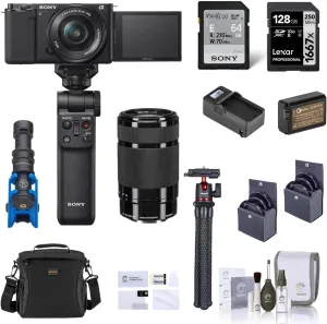 Sony ZV-E10 Mirrorless Vlog Camera with 16-50mm Lens, Black - Bundle with E 55-210mm f/4.5-6.3 OSS Lens, Vlogger Accessory Kit, 128GB SD Card, Shoulder Bag, Screen Protector, Mic, and More (14 Items)