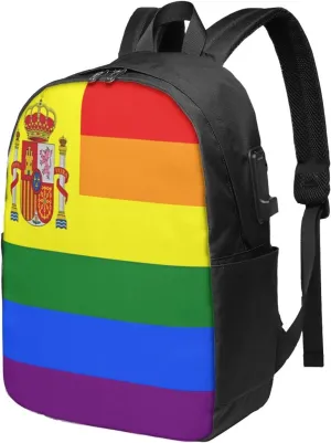 Spain Spanish Espana LGBT Gay Pride Rainbow Flag Laptop Backpacks Travel Backpack Casual Business Daypack Sport Rucksack Computer Bag Fits up to 17 Inch Notebook with USB Port