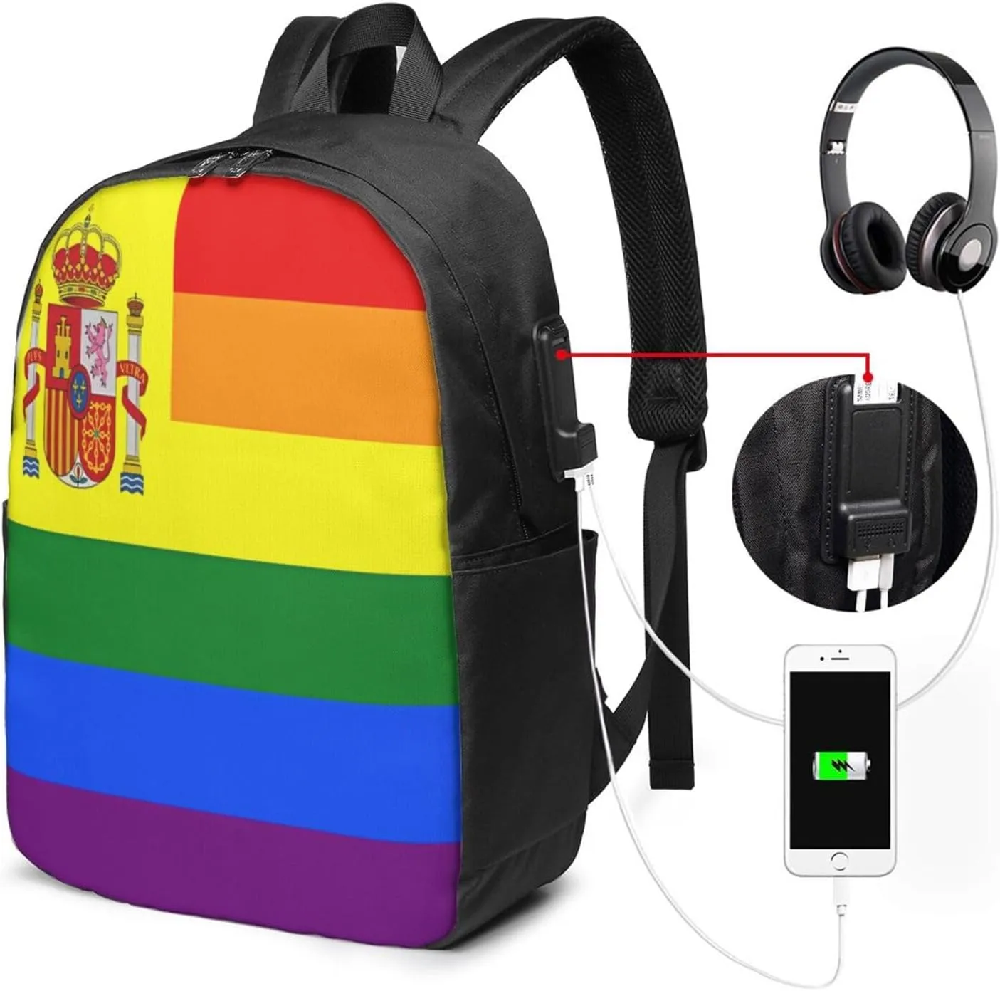 Spain Spanish Espana LGBT Gay Pride Rainbow Flag Laptop Backpacks Travel Backpack Casual Business Daypack Sport Rucksack Computer Bag Fits up to 17 Inch Notebook with USB Port