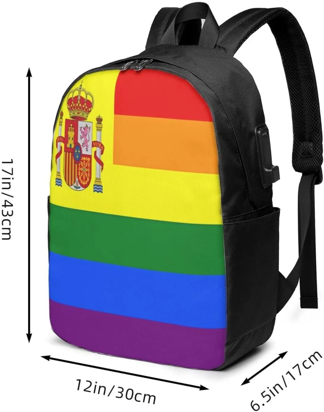 Spain Spanish Espana LGBT Gay Pride Rainbow Flag Laptop Backpacks Travel Backpack Casual Business Daypack Sport Rucksack Computer Bag Fits up to 17 Inch Notebook with USB Port