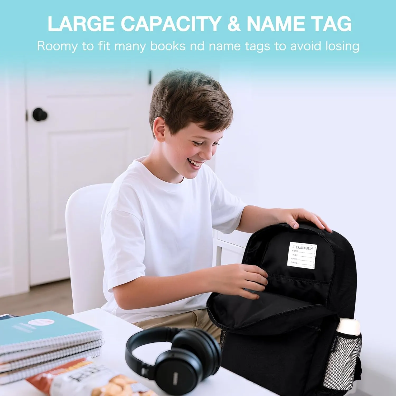 STEAMEDBUN Black Backpack for School,Teens Boys Backpack for Elementary School Bag