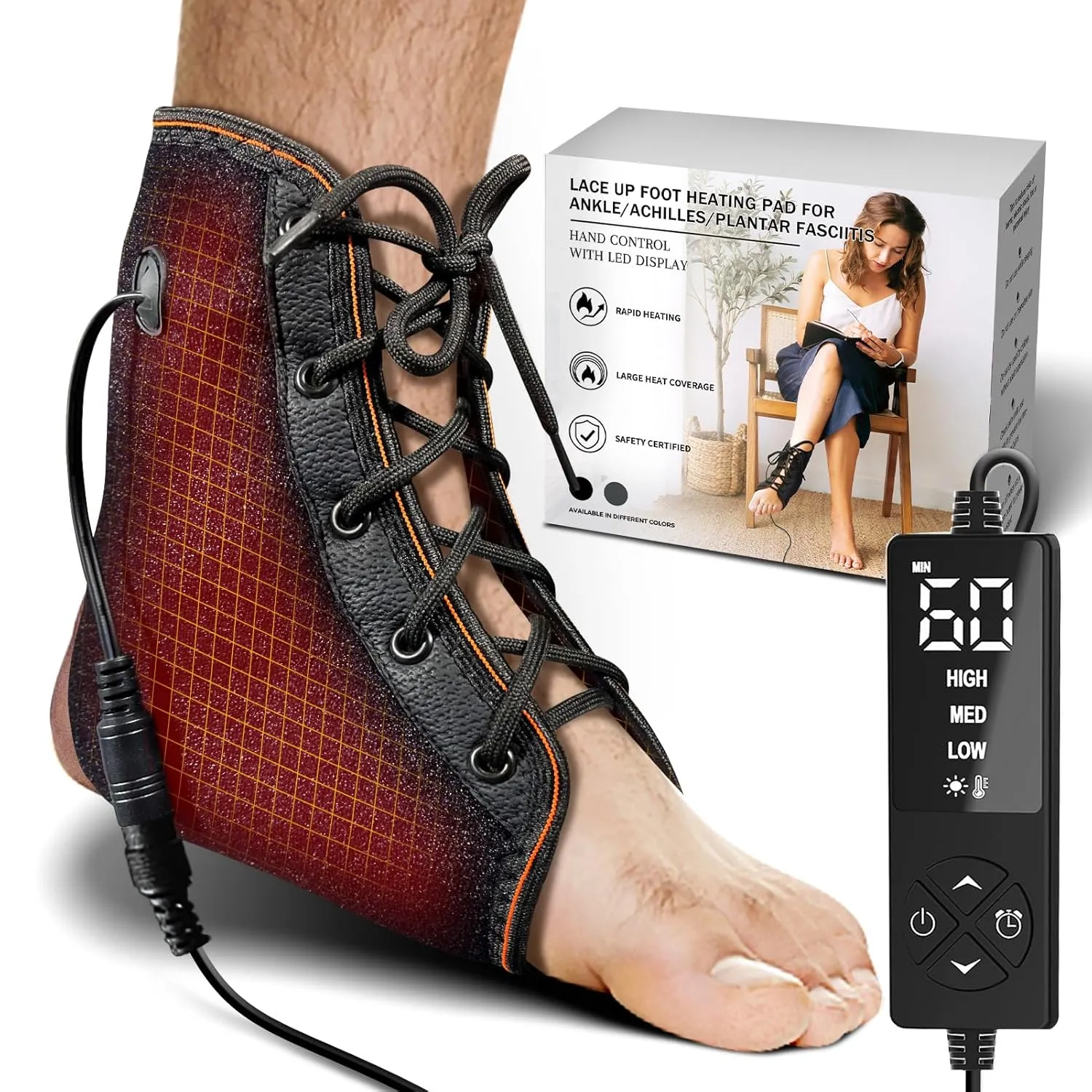 sticro Ankle Heating Pad with Lace-up Design for Sprained Ankle & Achilles Tendonitis Recovery, Auto-Off Heating Pad for Foot Pain Relief with 3 Heat & 5 Timer Settings for Men/Women(L/XL)