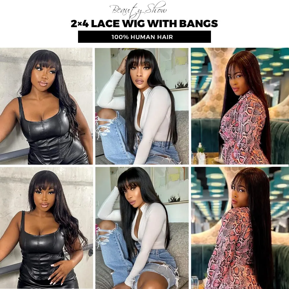 Straight 2x4 Lace Front Wigs Human Hair Wigs with Bangs 180% Density Glueless Human Hair Wigs for Black Women Glueless Wig with Bangs 100% Brazilian Virgin Human Hair Middle Part 24 Inch