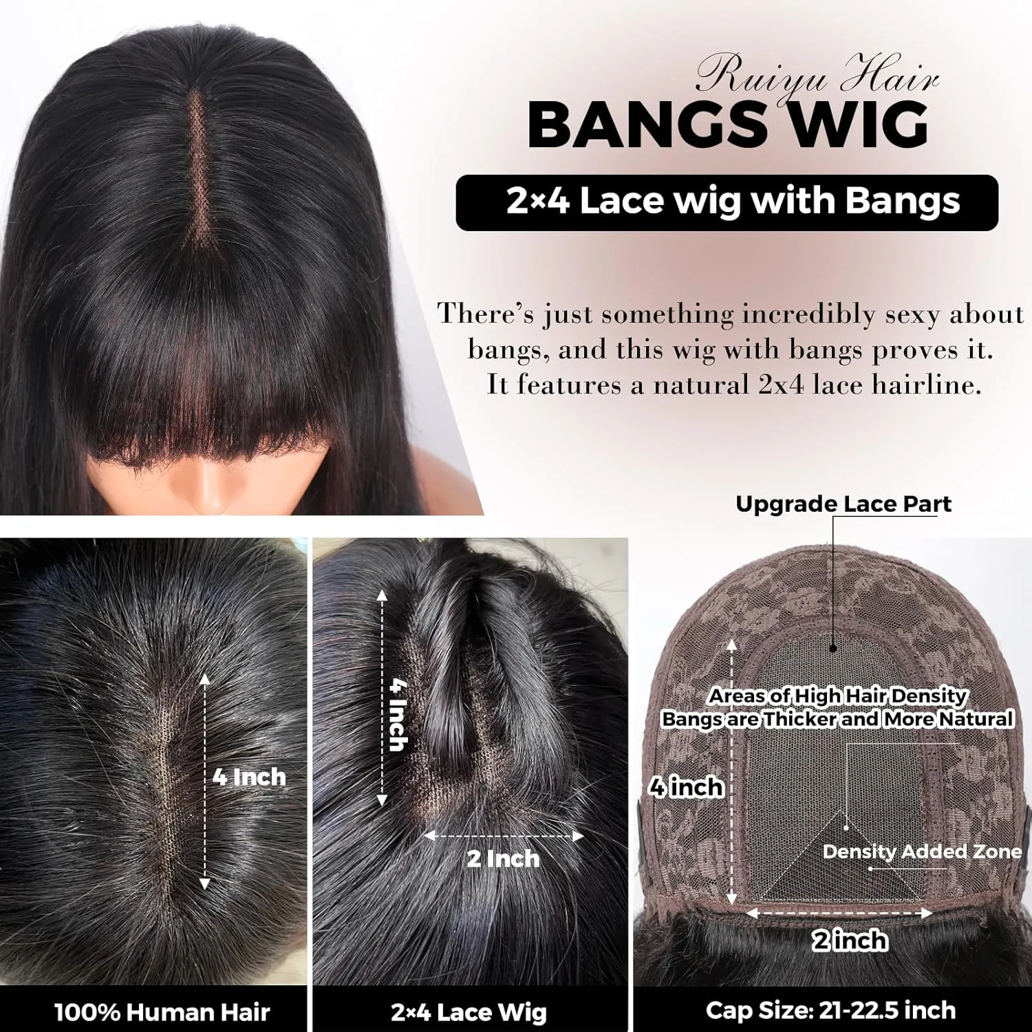 Straight 2x4 Lace Front Wigs Human Hair Wigs with Bangs 180% Density Glueless Human Hair Wigs for Black Women Glueless Wig with Bangs 100% Brazilian Virgin Human Hair Middle Part 24 Inch