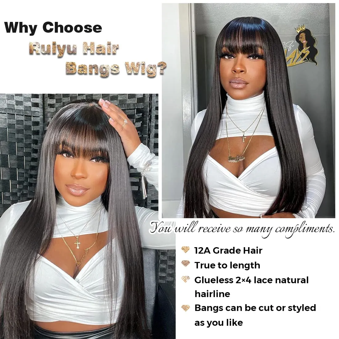 Straight 2x4 Lace Front Wigs Human Hair Wigs with Bangs 180% Density Glueless Human Hair Wigs for Black Women Glueless Wig with Bangs 100% Brazilian Virgin Human Hair Middle Part 24 Inch