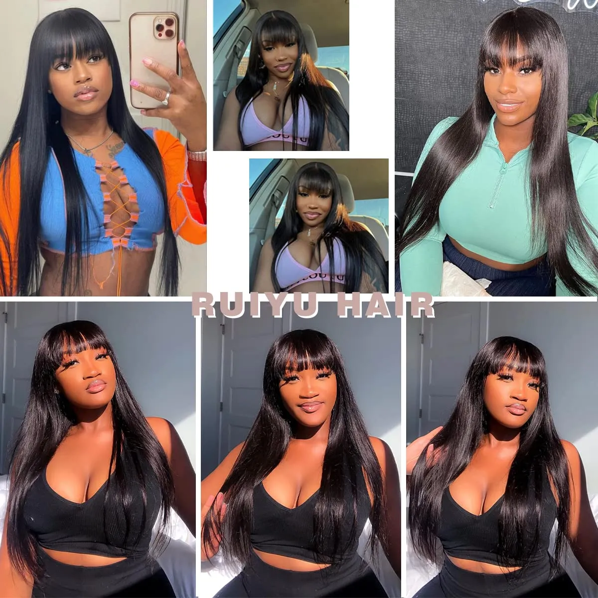 Straight 2x4 Lace Front Wigs Human Hair Wigs with Bangs 180% Density Glueless Human Hair Wigs for Black Women Glueless Wig with Bangs 100% Brazilian Virgin Human Hair Middle Part 24 Inch