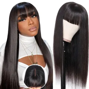 Straight 2x4 Lace Front Wigs Human Hair Wigs with Bangs 180% Density Glueless Human Hair Wigs for Black Women Glueless Wig with Bangs 100% Brazilian Virgin Human Hair Middle Part 24 Inch