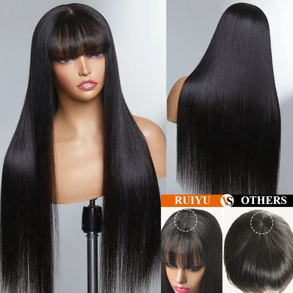 Straight 2x4 Lace Front Wigs Human Hair Wigs with Bangs 180% Density Glueless Human Hair Wigs for Black Women Glueless Wig with Bangs 100% Brazilian Virgin Human Hair Middle Part 24 Inch