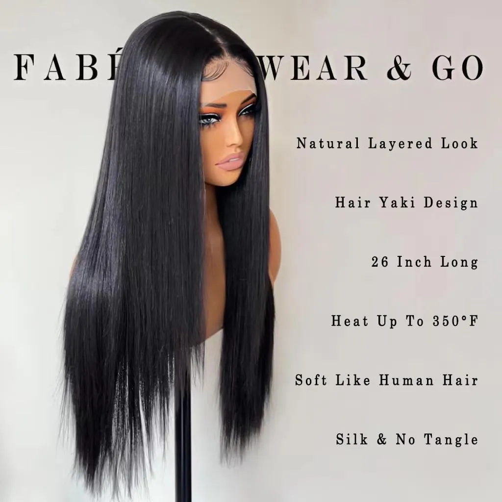 Straight Lace Front Wig Pre-Plucked with Baby Hair Natural Black Color Glueless Wig for Women 26 Inch Long Straight Synthetic Lace Front Wig