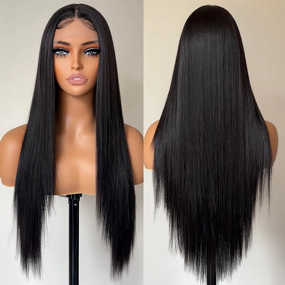 Straight Lace Front Wig Pre-Plucked with Baby Hair Natural Black Color Glueless Wig for Women 26 Inch Long Straight Synthetic Lace Front Wig
