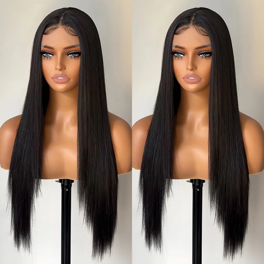 Straight Lace Front Wig Pre-Plucked with Baby Hair Natural Black Color Glueless Wig for Women 26 Inch Long Straight Synthetic Lace Front Wig