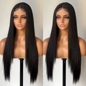 Straight Lace Front Wig Pre-Plucked with Baby Hair Natural Black Color Glueless Wig for Women 26 Inch Long Straight Synthetic Lace Front Wig