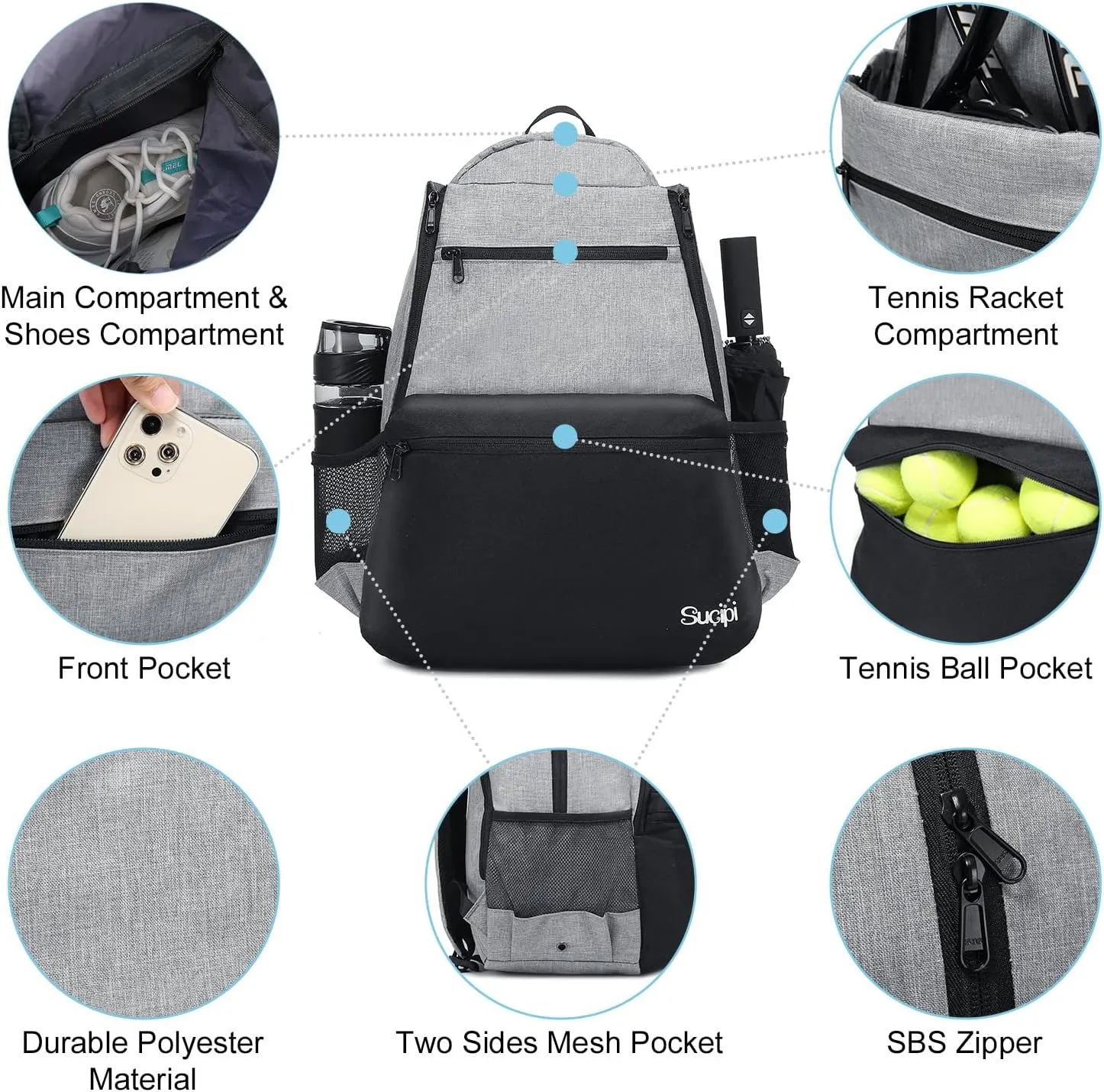Sucipi Tennis Bag Professional Tennis Backpack for Men and Women Racket Bags Holds 2 Rackets with Ventilated Shoe Compartment