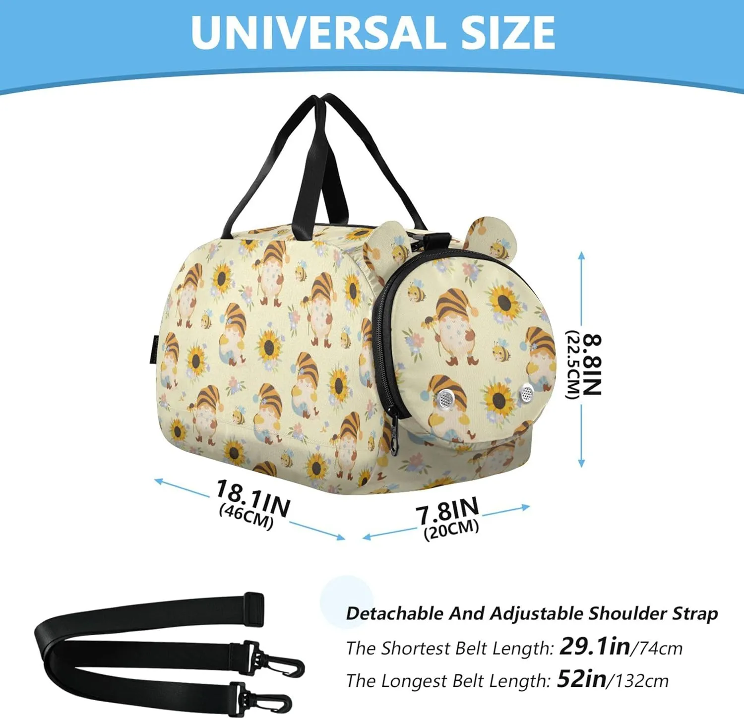 Sunflowers and Honey Bees Gnomes Kids Duffel Bag with Shoes Compartment Large Capacity Travel Duffel Bag for Beach Swim Bags Pool Sports