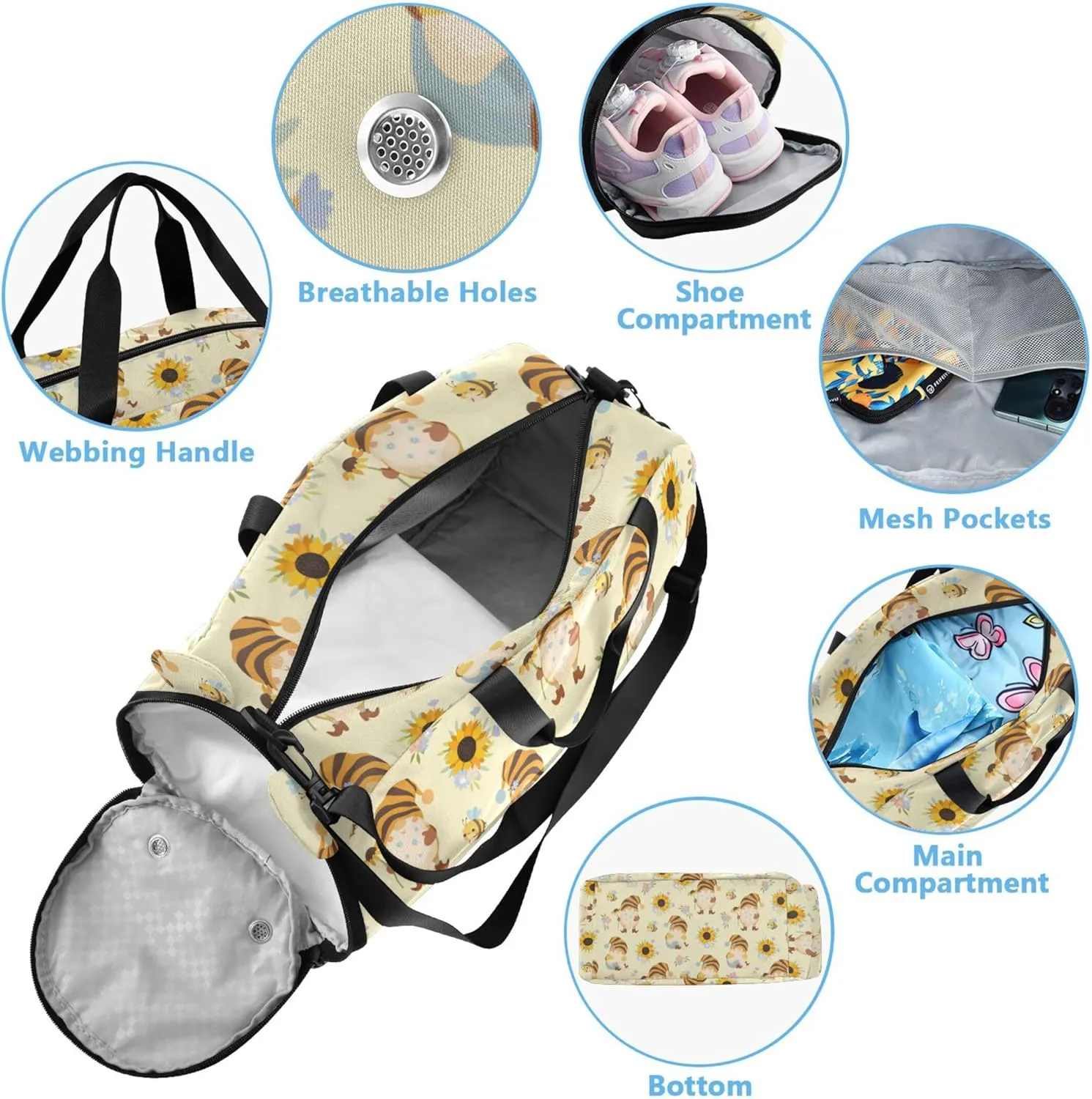 Sunflowers and Honey Bees Gnomes Kids Duffel Bag with Shoes Compartment Large Capacity Travel Duffel Bag for Beach Swim Bags Pool Sports