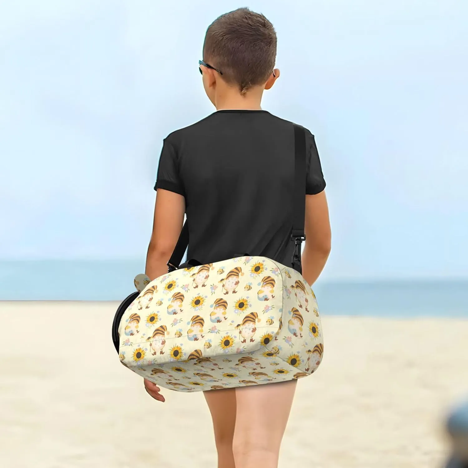 Sunflowers and Honey Bees Gnomes Kids Duffel Bag with Shoes Compartment Large Capacity Travel Duffel Bag for Beach Swim Bags Pool Sports