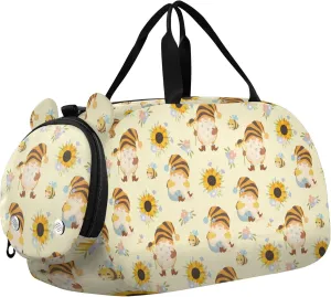 Sunflowers and Honey Bees Gnomes Kids Duffel Bag with Shoes Compartment Large Capacity Travel Duffel Bag for Beach Swim Bags Pool Sports