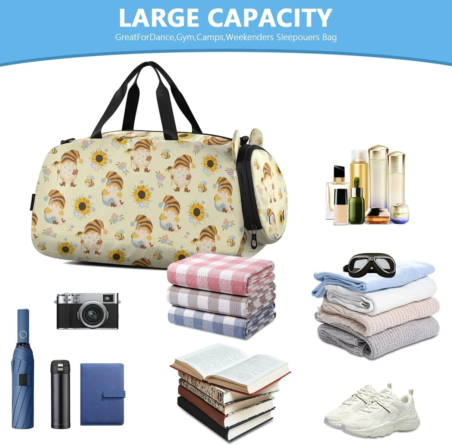 Sunflowers and Honey Bees Gnomes Kids Duffel Bag with Shoes Compartment Large Capacity Travel Duffel Bag for Beach Swim Bags Pool Sports