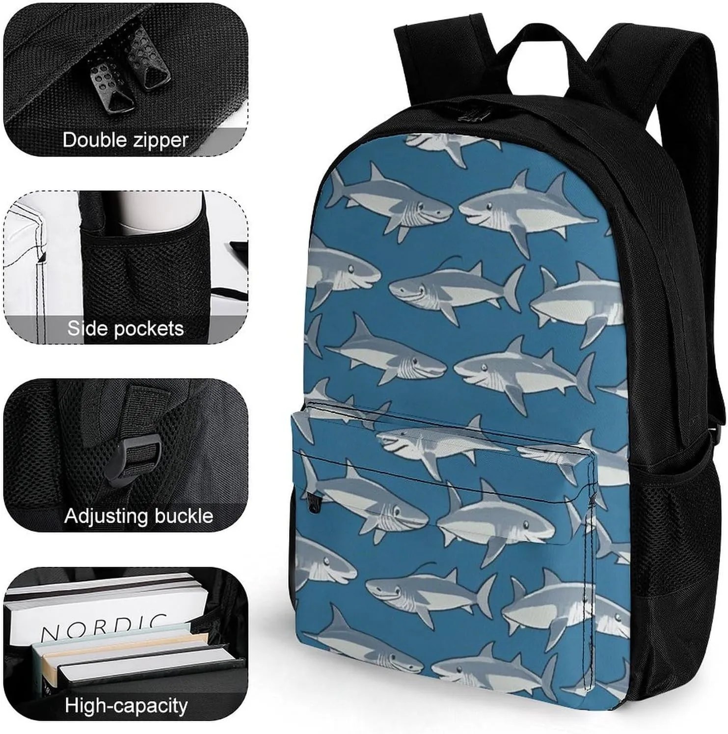 Supdreamc Blue Ocean Sea Shark Art Shoulder Book Bags Polyester Multipurpose Anti-Theft Carry On Bag Large Capacity Travel Hiking & Camping Rucksack