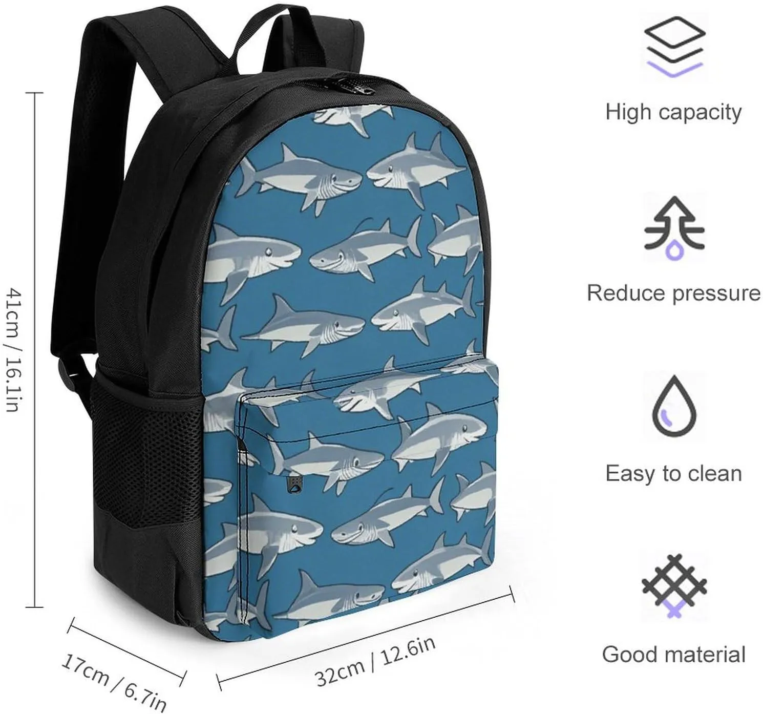 Supdreamc Blue Ocean Sea Shark Art Shoulder Book Bags Polyester Multipurpose Anti-Theft Carry On Bag Large Capacity Travel Hiking & Camping Rucksack