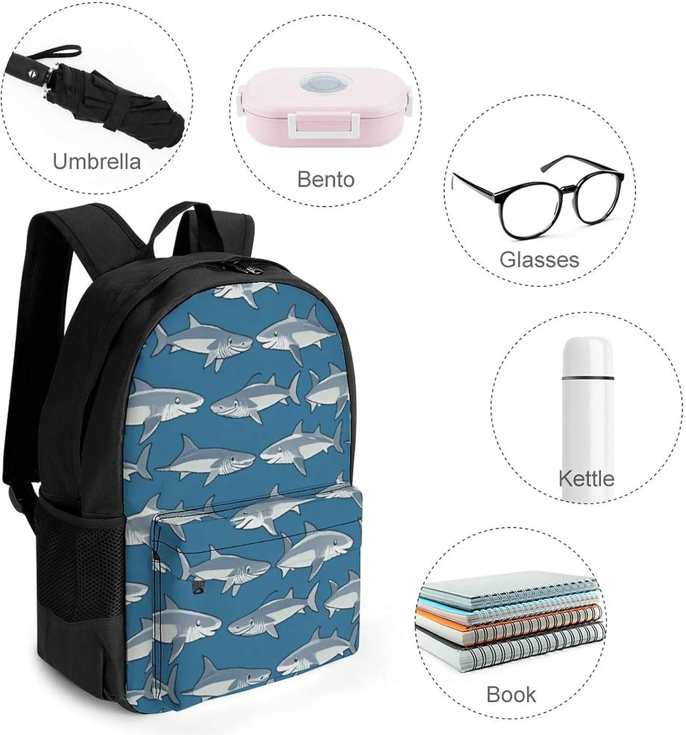 Supdreamc Blue Ocean Sea Shark Art Shoulder Book Bags Polyester Multipurpose Anti-Theft Carry On Bag Large Capacity Travel Hiking & Camping Rucksack