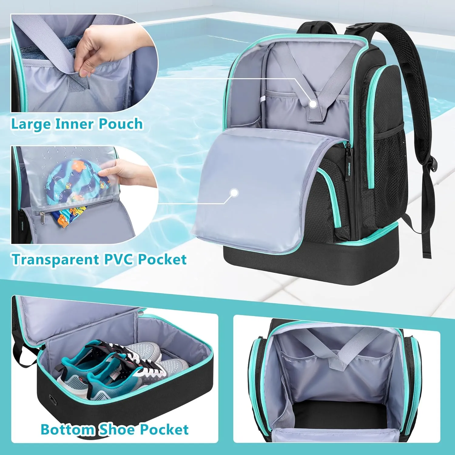 Swim Bag for Swimmers with Shoe Compartment, Swim Backpack for Men and Women, Swimming Bag with Multiple Pockets for Swim Gear Organization, Black