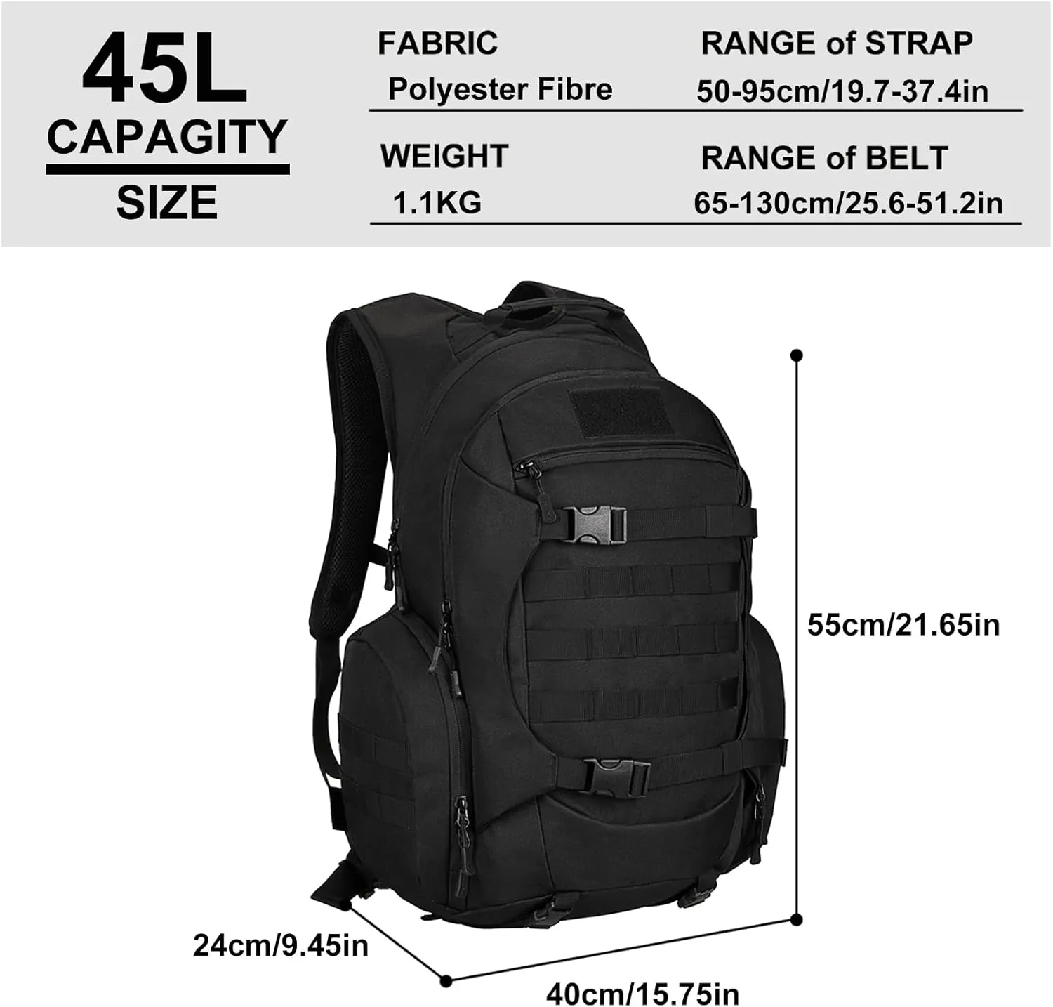 Tactical Travel Backpack Large Military Tactical Assault Pack, 3 Day Heavy Duty Camping Rucksack, 45L Hiking Bags (Black)