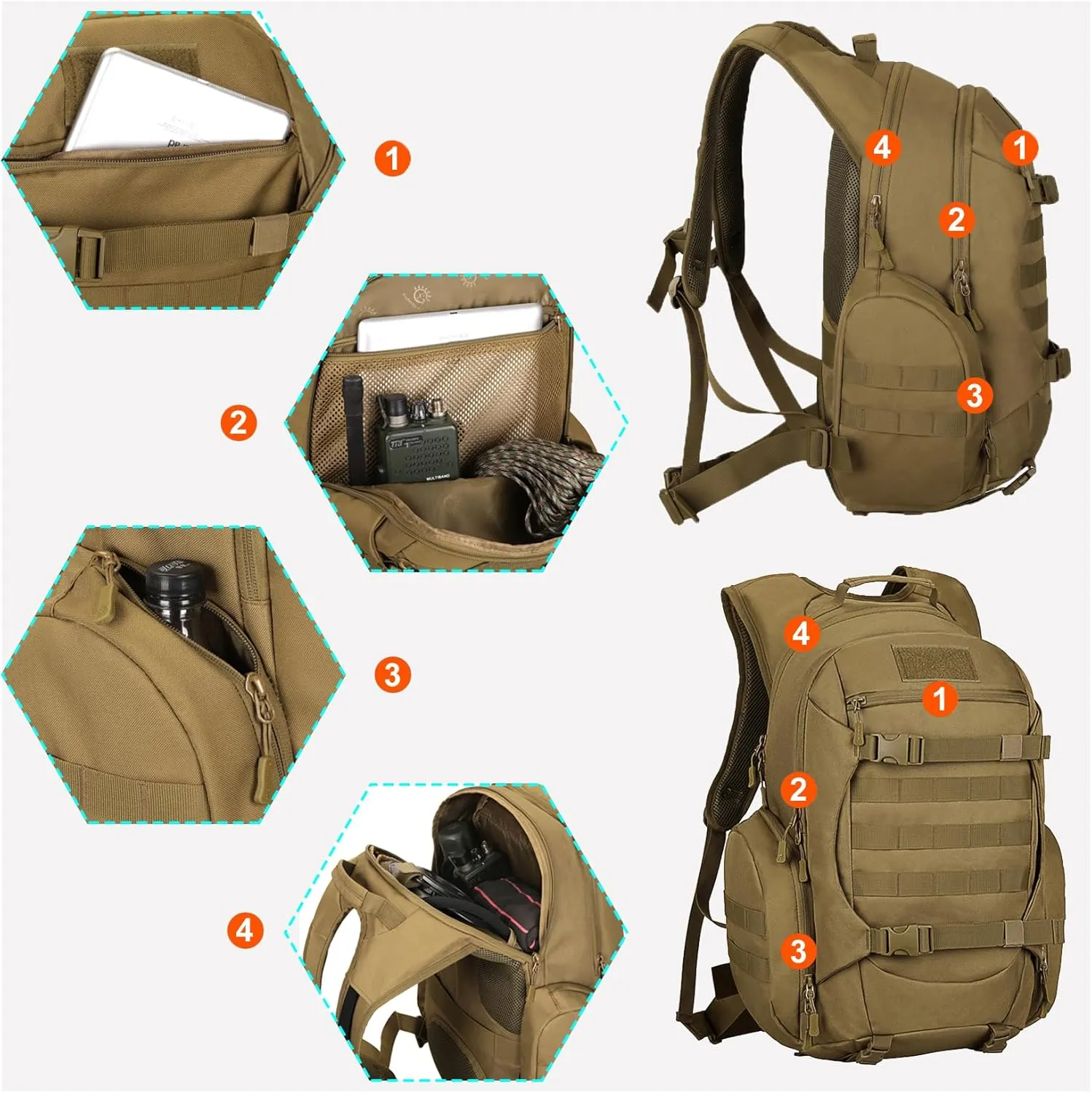 Tactical Travel Backpack Large Military Tactical Assault Pack, 3 Day Heavy Duty Camping Rucksack, 45L Hiking Bags (Khaki)